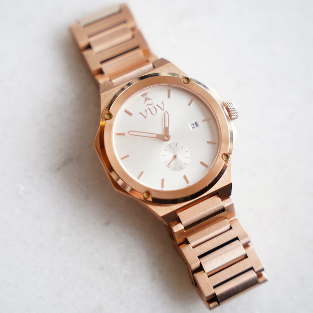 Rose Gold Kairos against white marble slab